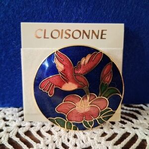 Vintage 80s Cloisonne Brooch Red Hummingbird & Flower Blue Background Goldtone